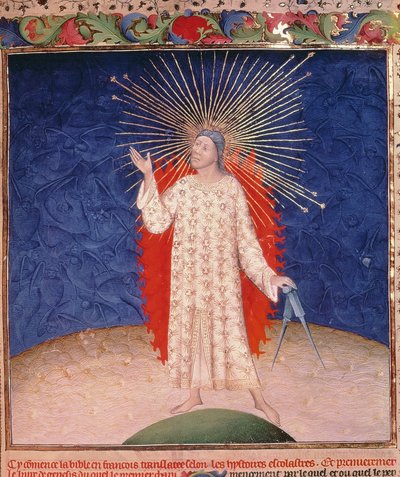God omringd door vuur met een paar passers, uit de Bible Historiale door Guyart des Moulins, c.1411 door French School