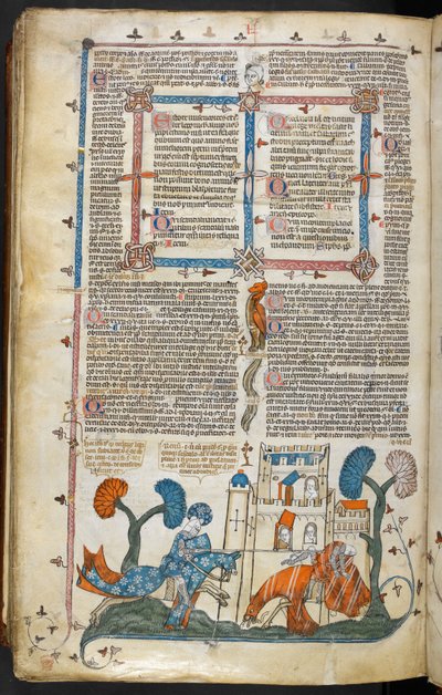 Een ridder die een andere ridder van zijn paard stoot voor een kasteel, ca. 1300-40 door French School