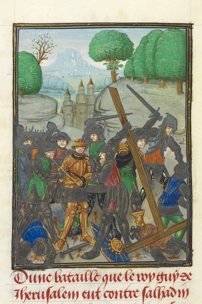 Royal MS 15 E I, f. 433v, De nederlaag van Guy van Lusignan door Saladin en het verlies van het Kruis, uit 