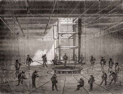 Matrozen en arbeiders die de trans-Atlantische telegraafkabel oprollen in de bilgetanks van de S.S. Great Eastern door French School