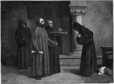 Sint Bonaventura ontvangt de hoed van de kardinaal. Hij werd in 1273 door Gregorius X tot kardinaal-bisschop van Albano gewijd. Gravure door Bauchart naar het schilderij van Santar door French School