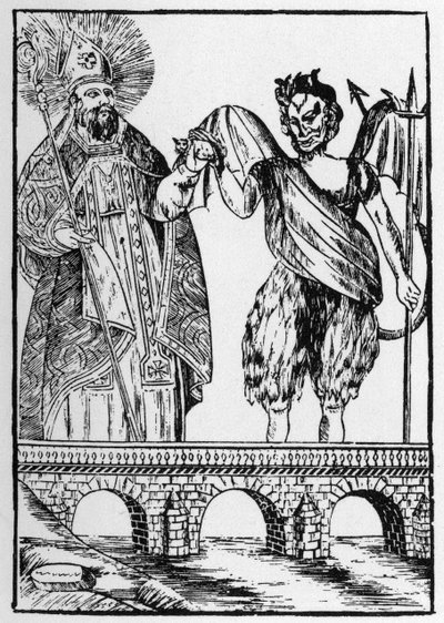 Saint Cado (of Cadoc of Catuod of Catoc of Cazut of Cadochus) legendarische christelijke heilige geeft een kat aan de duivel in ruil voor het bouwen van een brug - populaire afbeeldingen Perret. door French School