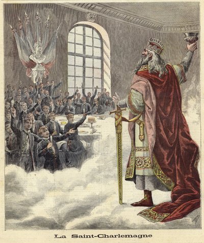 Sint Karel de Grote heft een kelk op naar zittende eters door French School
