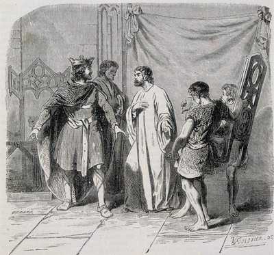 Sint Eloi en Dagobert: Dagobert was verbaasd toen Eloi hem de tweede stoel introduceerde - gravure 19e eeuw door French School