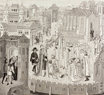 Sint Gaugericus, bisschop van Cambrai, arriveert in de stad voor zijn benoeming, uit 