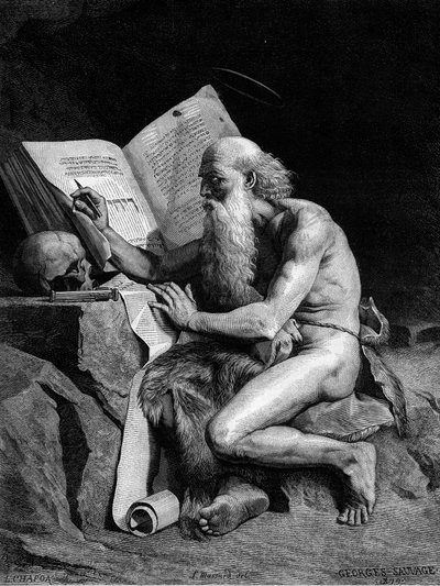 Sint Hiëronymus in de woestijn. Gravure naar het schilderij van Georges Sauvage (Auguste Albert Georges Sauvage). Gravure in 
