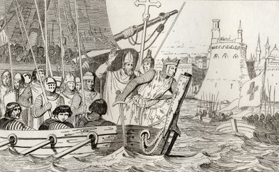 Saint Louis IX leidt zijn troepen in de strijd, uit 