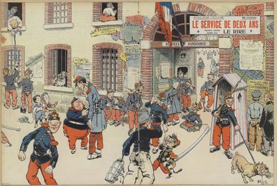 Satire op de invoering van de dienstplicht in het Franse leger. Illustratie voor Le Rire door French School