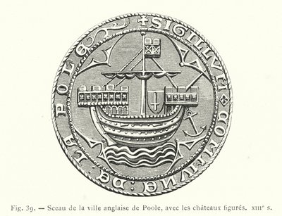 Zegel van de Engelse stad Poole, met afgebeelde kastelen, XIIIe eeuw (gravure) door French School