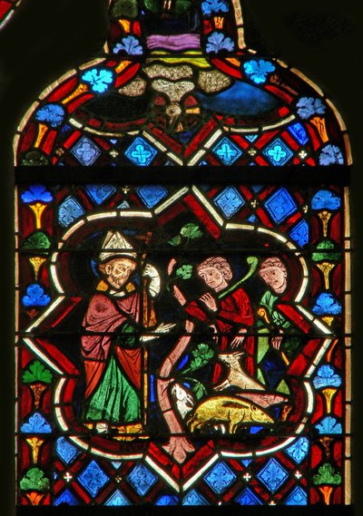 Scène in het oostelijke raam met St. Samson verandert varkens in geiten door French School