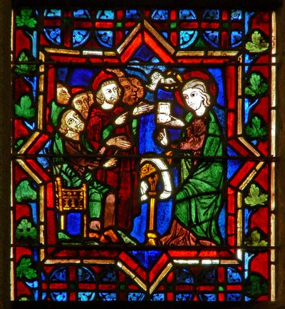 Scène in het oostelijke raam met een scène uit het leven van St. Catharina: met de filosofen door French School
