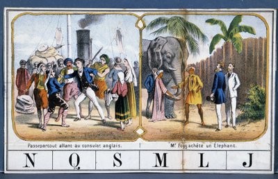 Scènes met Passepartout en Phileas Fogg in India, ill. uit het spel 