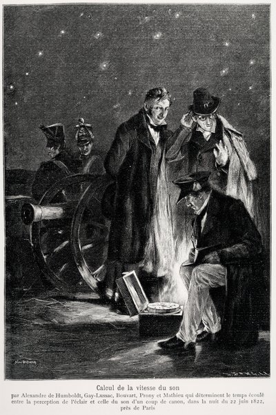 Wetenschappelijk experiment: de berekening van de geluidssnelheid, door Humboldt, Louis-Joseph Gay-Lussac, Bouvard, Prony en Mathieu, die de tijd bepalen tussen de waarneming van licht en die van een geweerschot, 