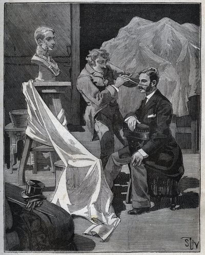 Beeldhouwkunst, werkplaats van een beeldhouwer, focus en beeldhouwen van een buste. Gravure uit 1880 in Les arts et métiers illustrés door Adolphe Bitard. door French School