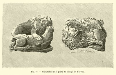 Sculpturen op de deur van het college in Bayeux (gravure) door French School