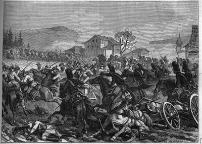 Tweede Coalitie (1798-1800): Slag bij Stockach op 3 mei 1800 tussen Frankrijk en Oostenrijk - Gravure van 1865 in 