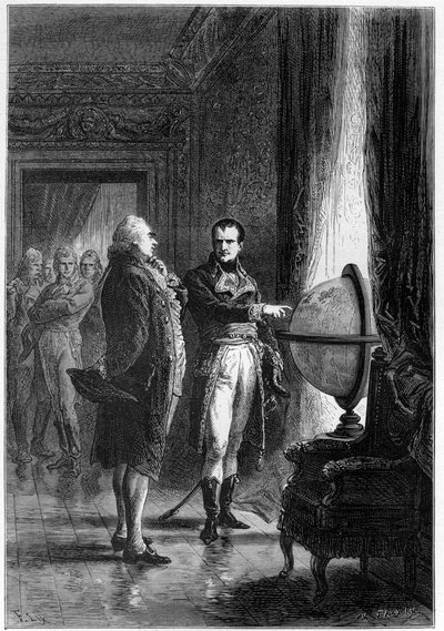 Zie wat een kleine plaats je inneemt in de wereld - NAPOLEON BONAPARTE, eerste consul, bezoekt de kamers van het Louvre met Charles James Fox (1749 -1806), Britse staatsman, in 1801 - gravure in "L