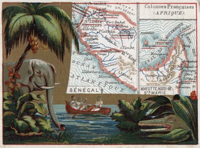 Senegal, Mayotte, Ile de Sainte Marie, Nossi Be (Nossi-be of Nosy-be), Afrika. Olifant, krokodil en boot in een rivier. Serie over de Franse koloniën. Chromolithografie 