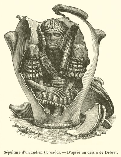 Sepultuur van een Coroados-indiaan (gravure) door French School
