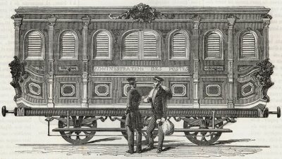 Service des Postes - vue exterieure du bureau ambulant - Gravure in 