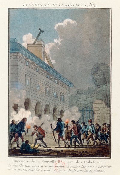 Het in brand steken van de muur van de Fermiers Generaux in Parijs op 12 juli 1789 door French School
