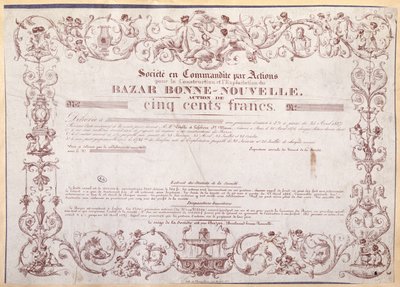 Aandeelbewijs voor 500 francs voor de Bazar Bonne-Nouvelle, 1836 door French School