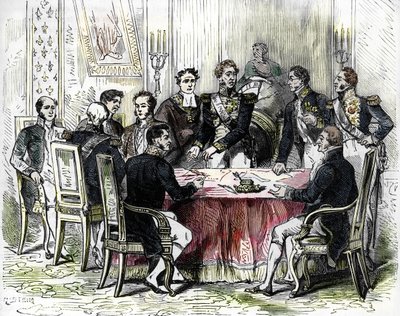 Ondertekening van de Verordeningen van Saint Cloud (gekleurde gravure) door French School