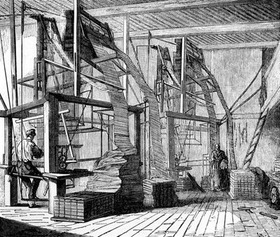 Zijdewerkers in een werkplaats in Lyon met een Jacquard weefgetouw, ca. 1880 door French School