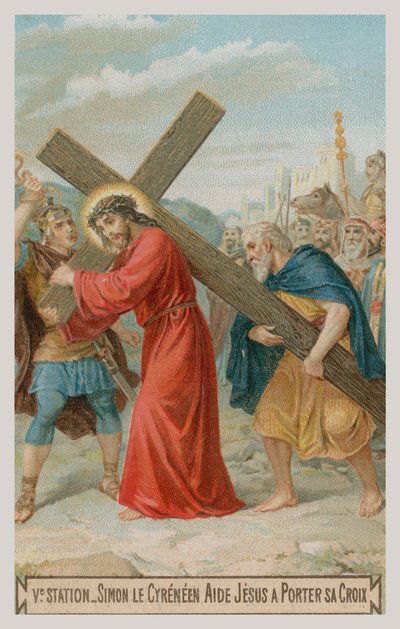 Simon van Cyrene helpt Jezus het kruis te dragen. De vijfde statie van de kruisweg door French School