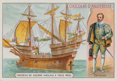 Sir Francis Drake en een driemaster Engels oorlogsschip door French School