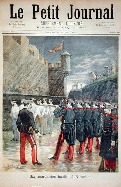 Zes anarchisten geëxecuteerd in Barcelona, voorpagina van Le Petit Journal, 4 juni 1894 door French School