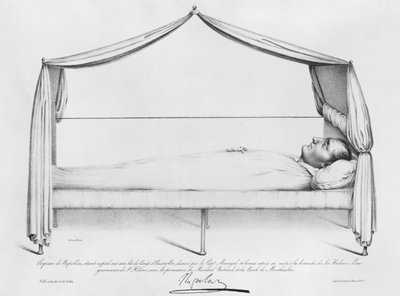 Schets van Napoleon I (1769-1821) op zijn sterfbed getekend op St. Helena door Capitaine Marryal, gegraveerd door Bordes, 5 mei 1821 door French School