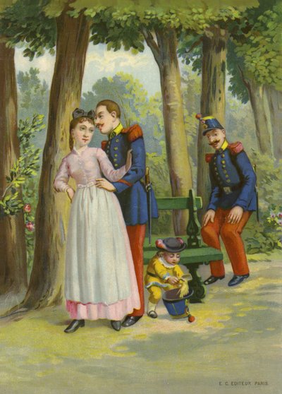 Soldaat maakt avances naar dienstmeisje in park (chromolitho) door French School
