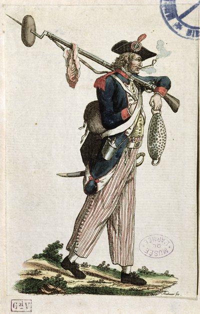 Soldaat van de Franse Revolutie met een bajonet waaraan een brood en een stuk vlees zijn bevestigd: L