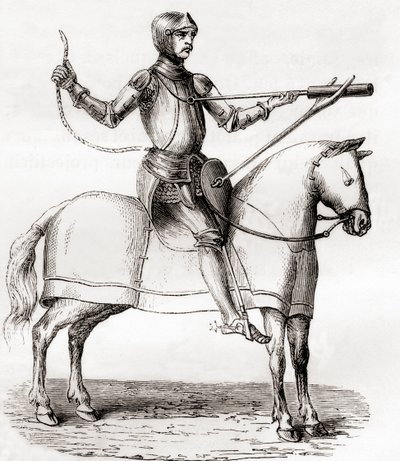 Soldaat te paard met een handbombarde, laat 14e en begin 15e eeuw, naar een tekening uit het manuscript van Marianus Jacobus, uit Les Merveilles de la Science, gepubliceerd ca. 1870 (gravure) door French School