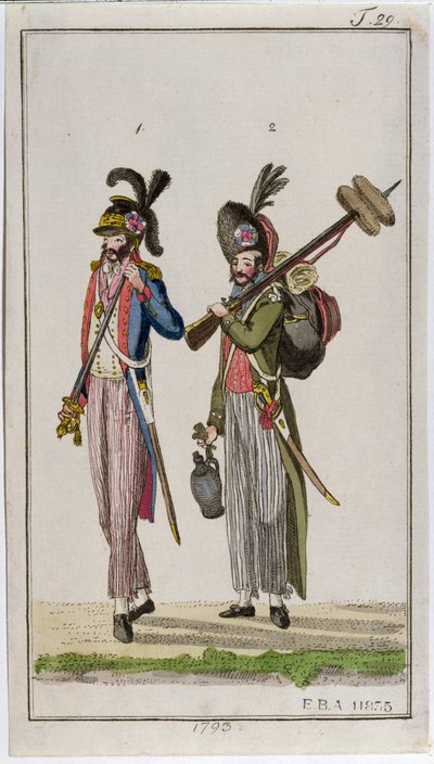 Soldaten van de Franse Revolutie met bajonetten in 1793 door French School