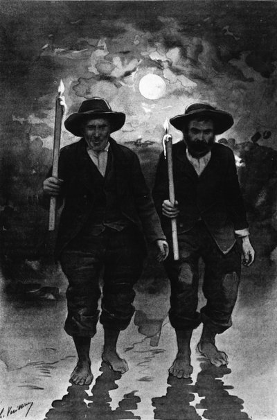 Bron en zieke: twee mannen, een nacht volle maan, elk met een kaars en blootsvoets lopend (processie?) - in 