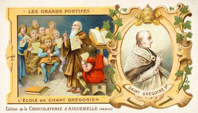 St. Gregorius de Grote, en een school van Gregoriaanse zang (chromolitho) door French School