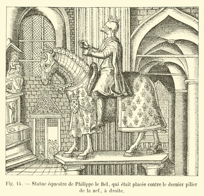 Ruiterstandbeeld van Filips de Schone, dat tegen de laatste pilaar van het schip stond, rechts door French School