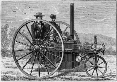 Stoomauto, systeem van Charles Palmer, aangedreven door een cokesketel, tot een snelheid van 10 tot 12 kilometer per uur. Gravure in 