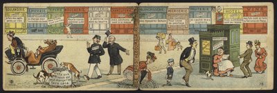 Straatscène met een rij gesloten winkels en een gesloten openbaar toilet door French School