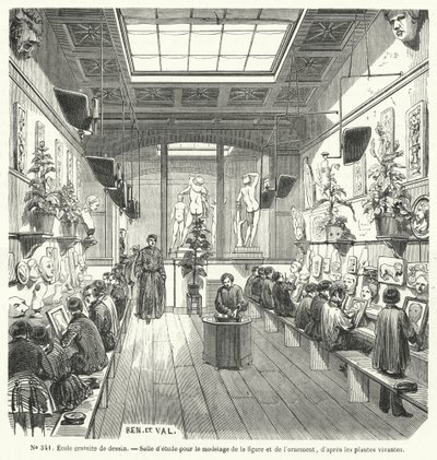 Studenten in een klas in een gratis tekenschool, Frankrijk (gravure) door French School