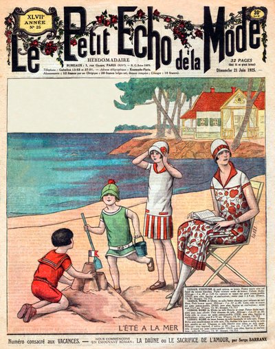 Zomer aan zee, vrouw met haar drie kinderen op het strand door French School