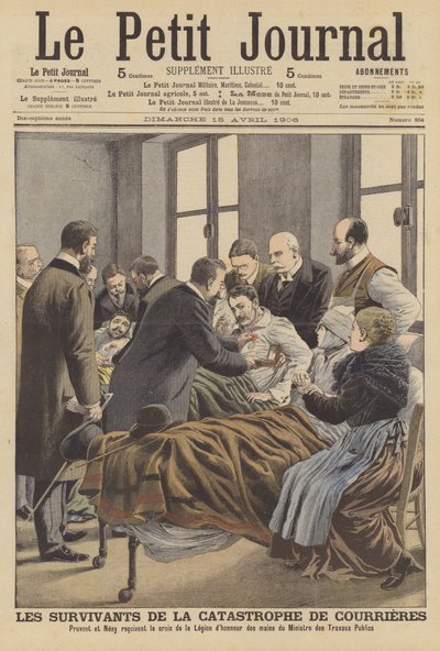 Overlevenden van de mijnramp in Courrieres (kleurenlitho) door French School