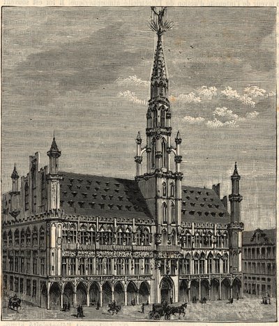 Systeem van bliksemafleiders bij het stadhuis van Brussel in de 19e eeuw - Gravure in 
