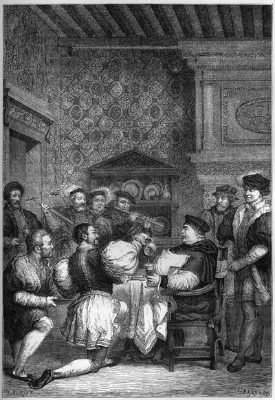 THOMAS CARDINAL WOLSEY (1475? -1530) WORDT AAN TAFEL BEDIEND DOOR EDELEN EN HEREN - THOMAS WOLSEY (1475? -1530) werd op knieën bediend door zijn mannen van de hoogste rang - gravure in 