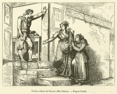 Tedere afscheid van Nuccia aan Meo Patacca (gravure) door French School