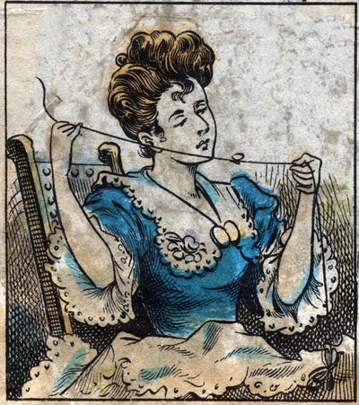 Textiel, linnen. Vrouw die een bal gebruikt om naaigaren te gebruiken. Gravure. Epinal afbeelding eind 19e eeuw. door French School