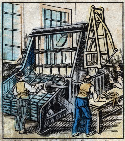 Textiel, linnen: de werkplaats. Kam om het linnen garen te verwijderen en glad te maken dat door de tekening in steeds dunnere linten zal worden omgezet. Gravure. Epinal afbeelding eind 19e eeuw. door French School