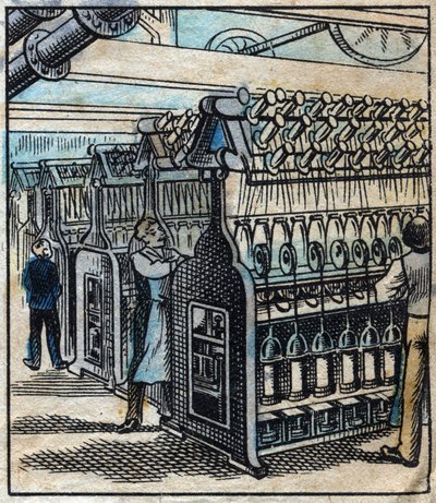 Textiel, linnen: de werkplaats. Het transformeren van de linten in boren en vervolgens in draden met behulp van spinmachines. Gravure. Epinal afbeelding eind 19e eeuw. door French School